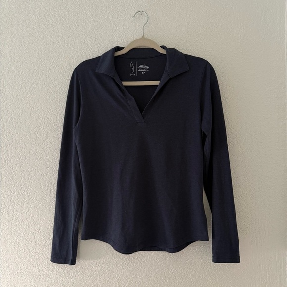Joie Women's Basic Polo Navy Long Sleeve Top Split V-neck Size Small - Picture 1 of 8